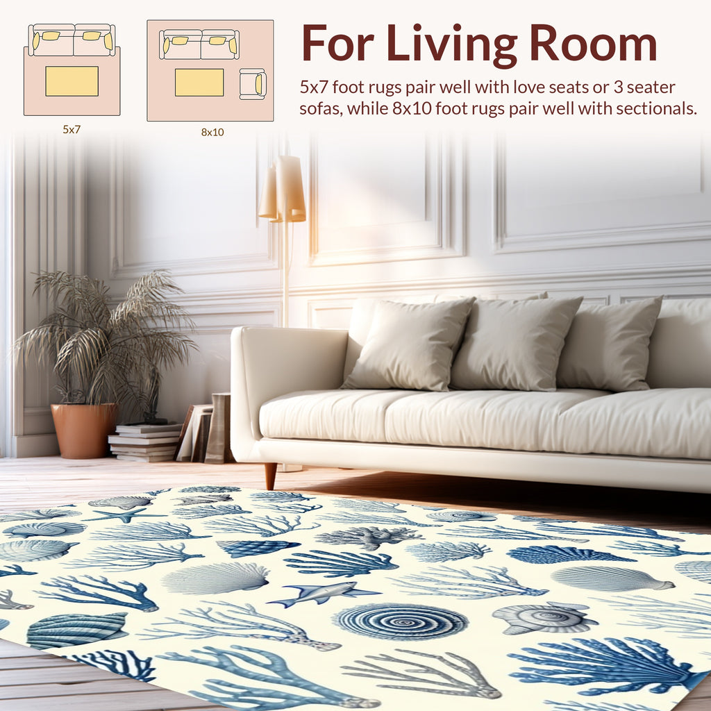 Blue Coral and Shell Nautical Pattern Rug