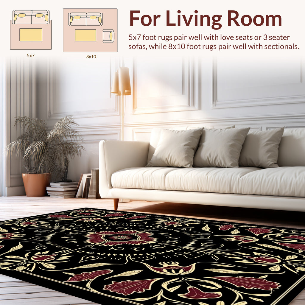 Art Nouveau Floral Mandala on Black Rug