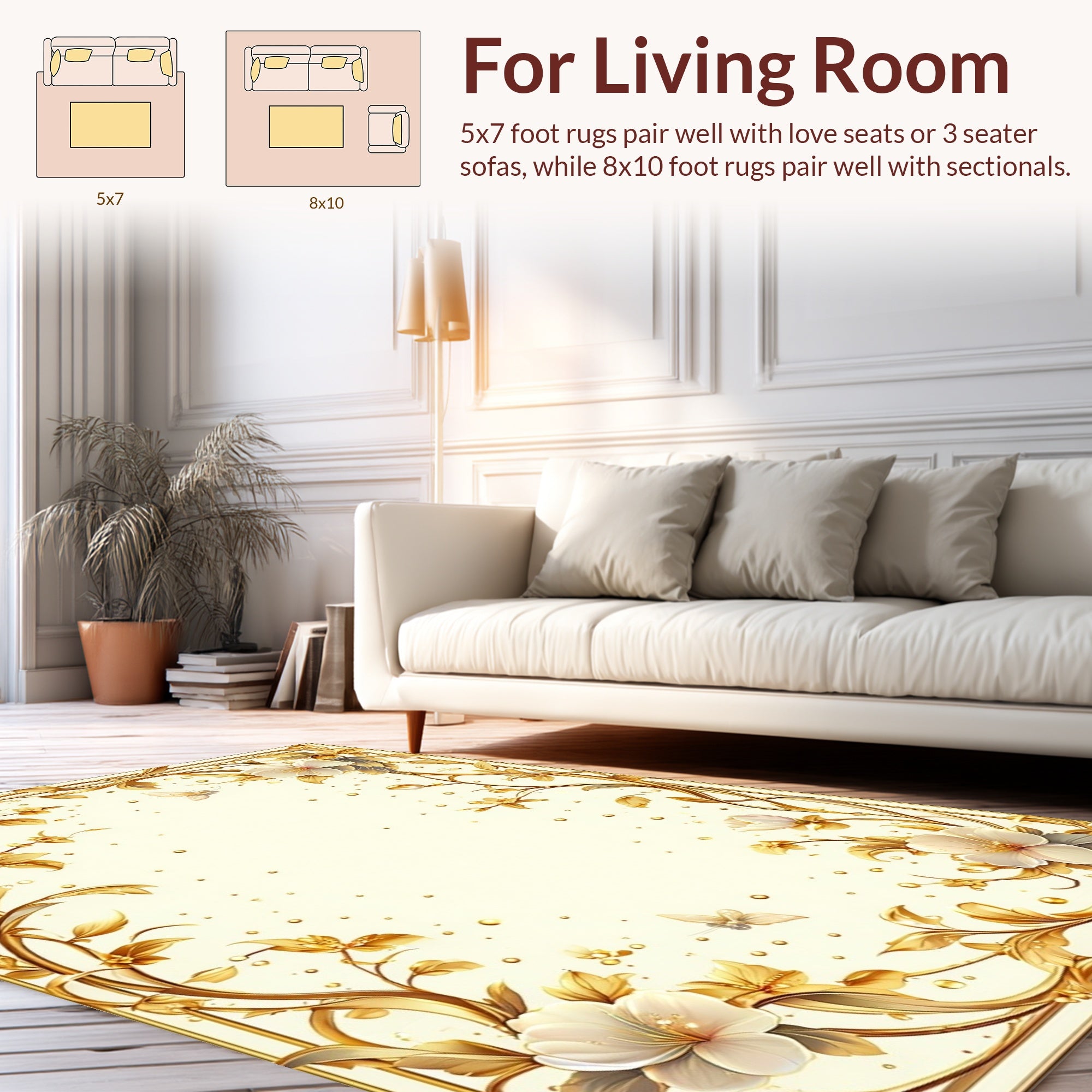 Elegant Floral Butterfly Gold Border Rug