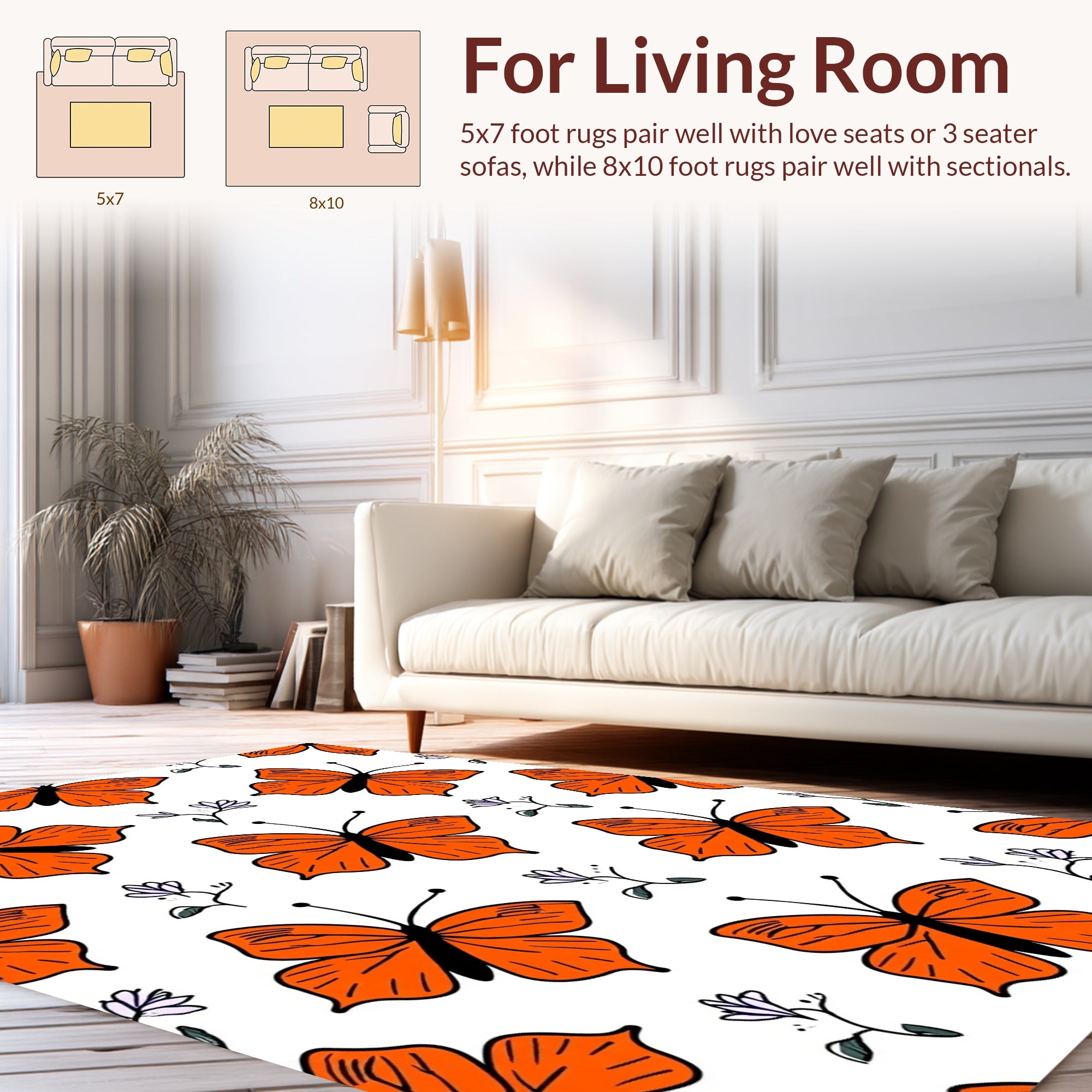 Orange Butterfly Pattern With Delicate Flowers Rug