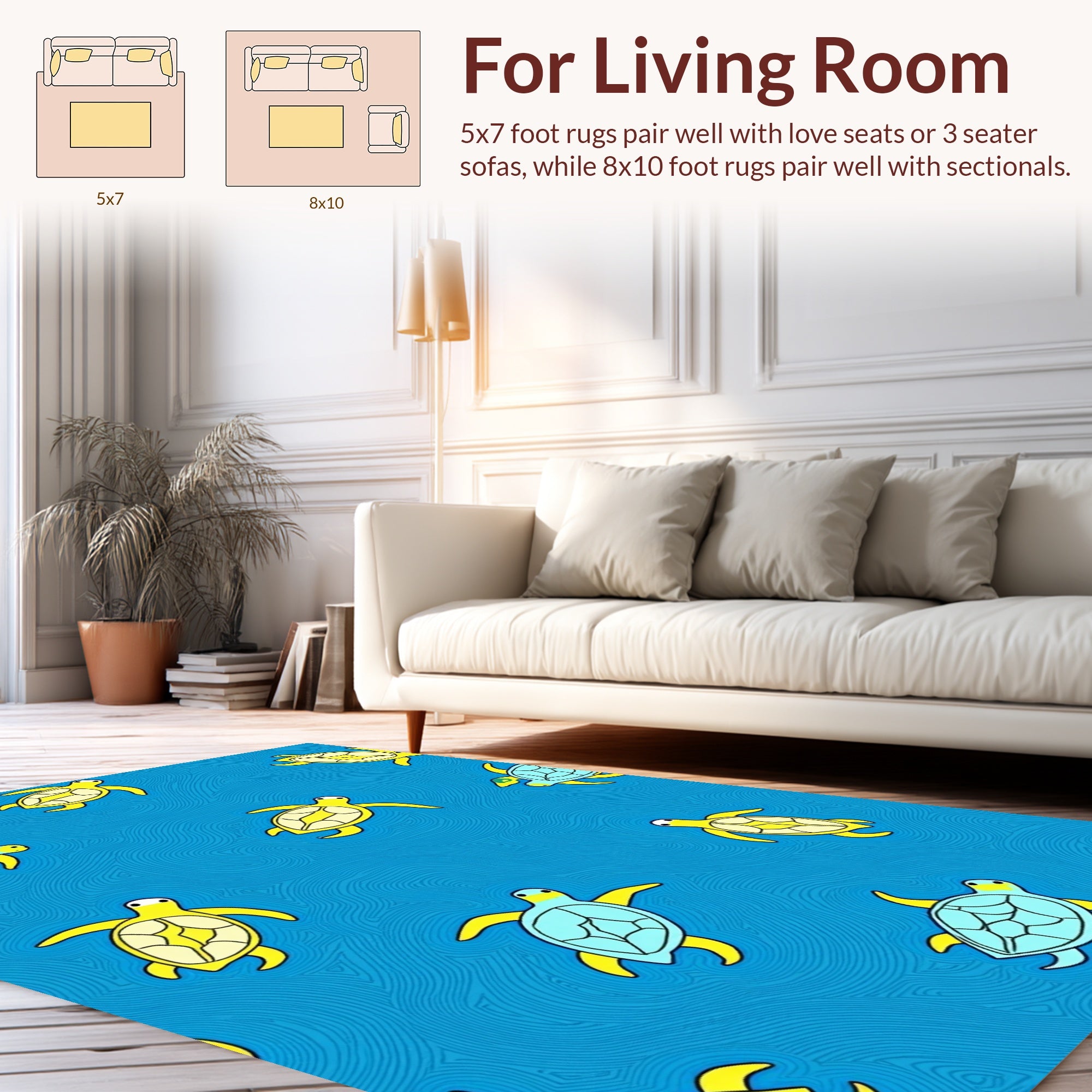 Cute Turtle Pattern With Blue Waves Rug