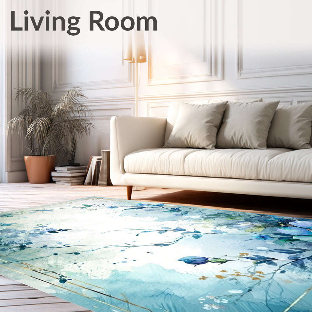 Ethereal Blue Floral Watercolor Design Rug