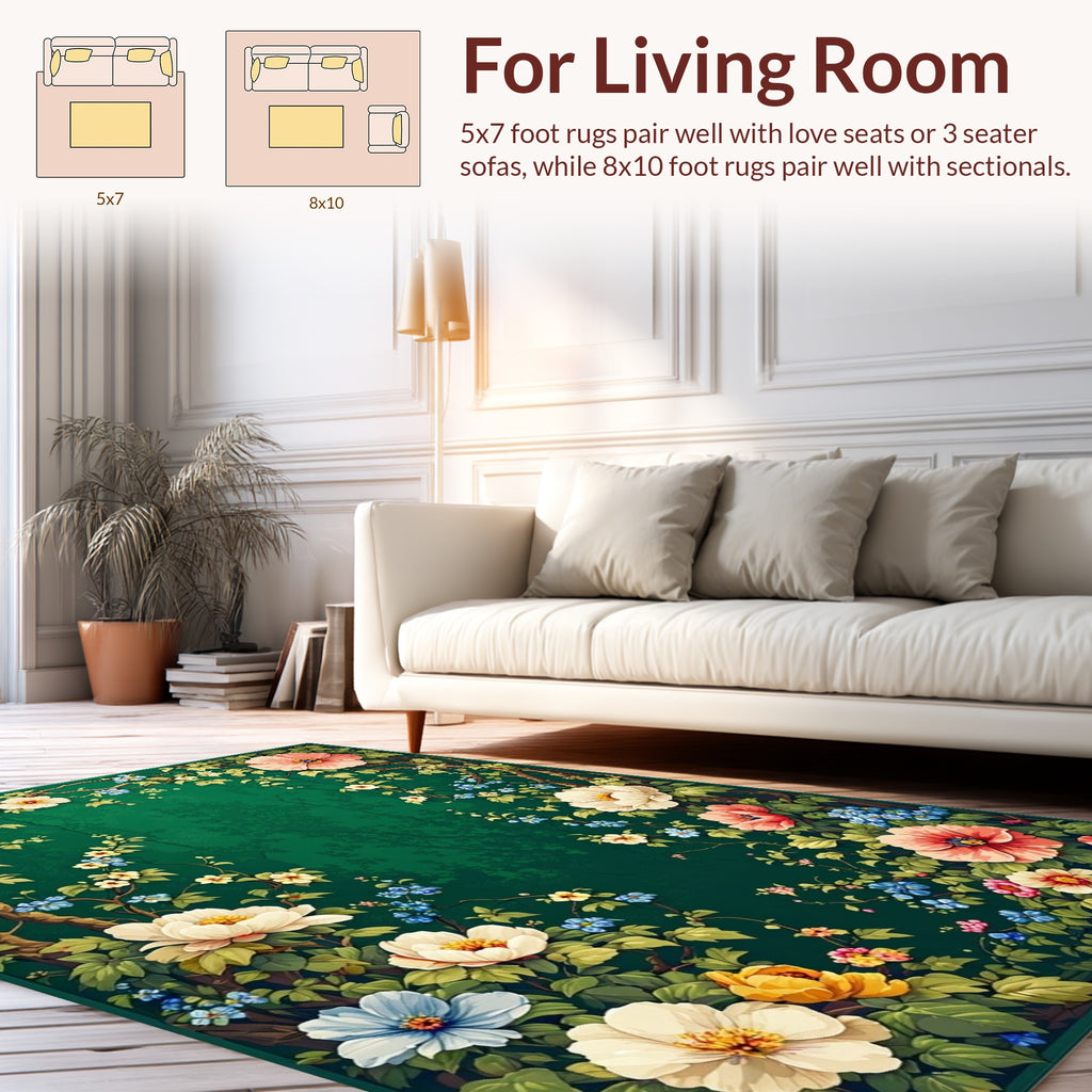 Vintage Floral Garden With Lush Green Background Rug
