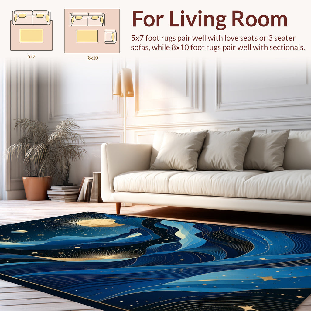 Celestial Wave Abstract Blue Gold Rug
