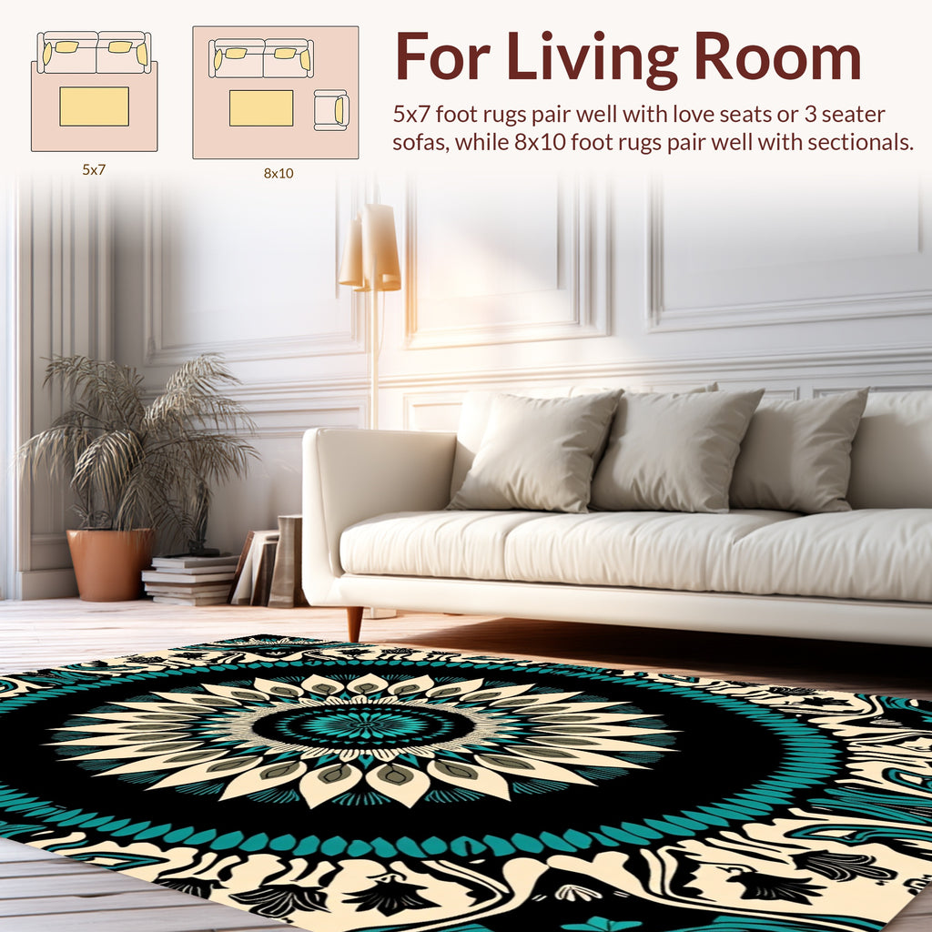 Intricate Teal Floral Mandala Design Rug