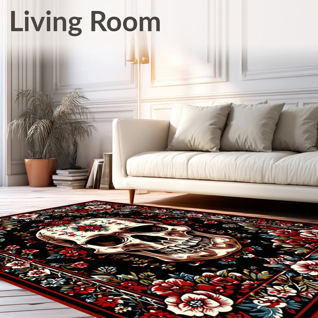 Bold Skull Floral Pattern Rug