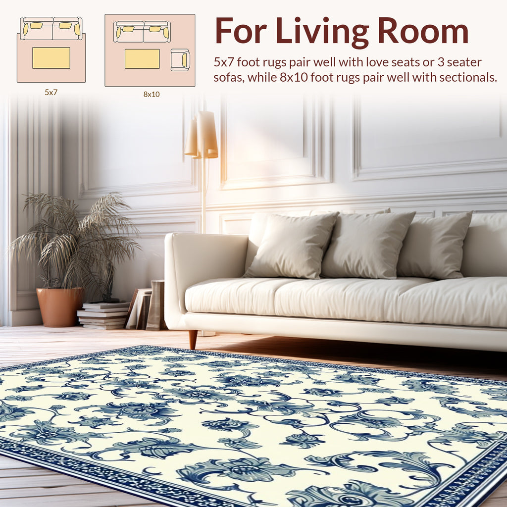 Blue White Floral Damask Pattern Rug