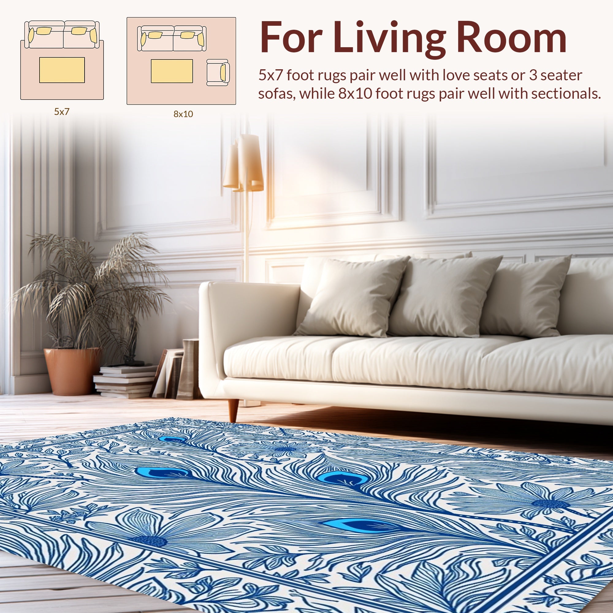 Blue Peacock Feather Floral Pattern Rug