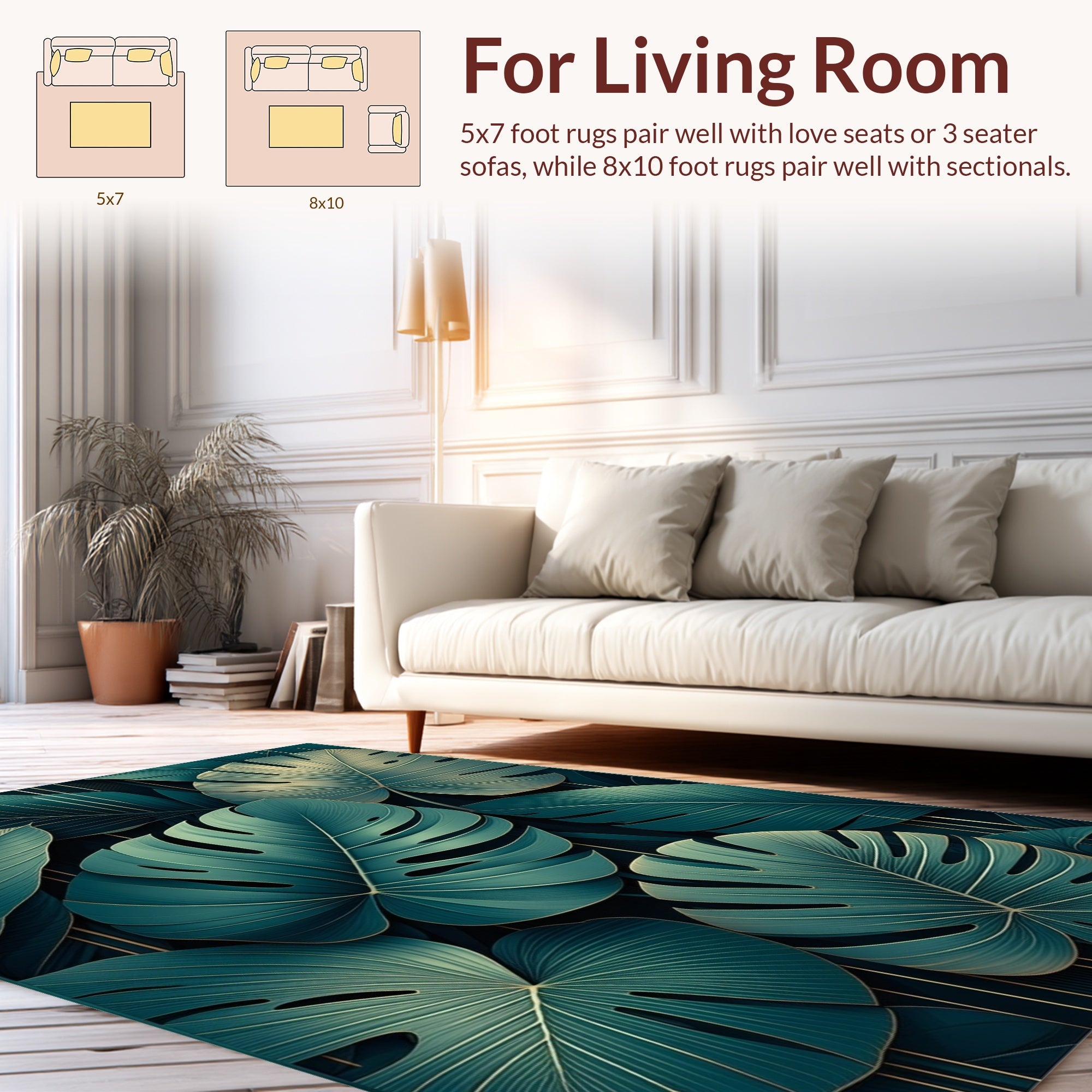 Tropical Green Leaf Vertical Lines Design Rug