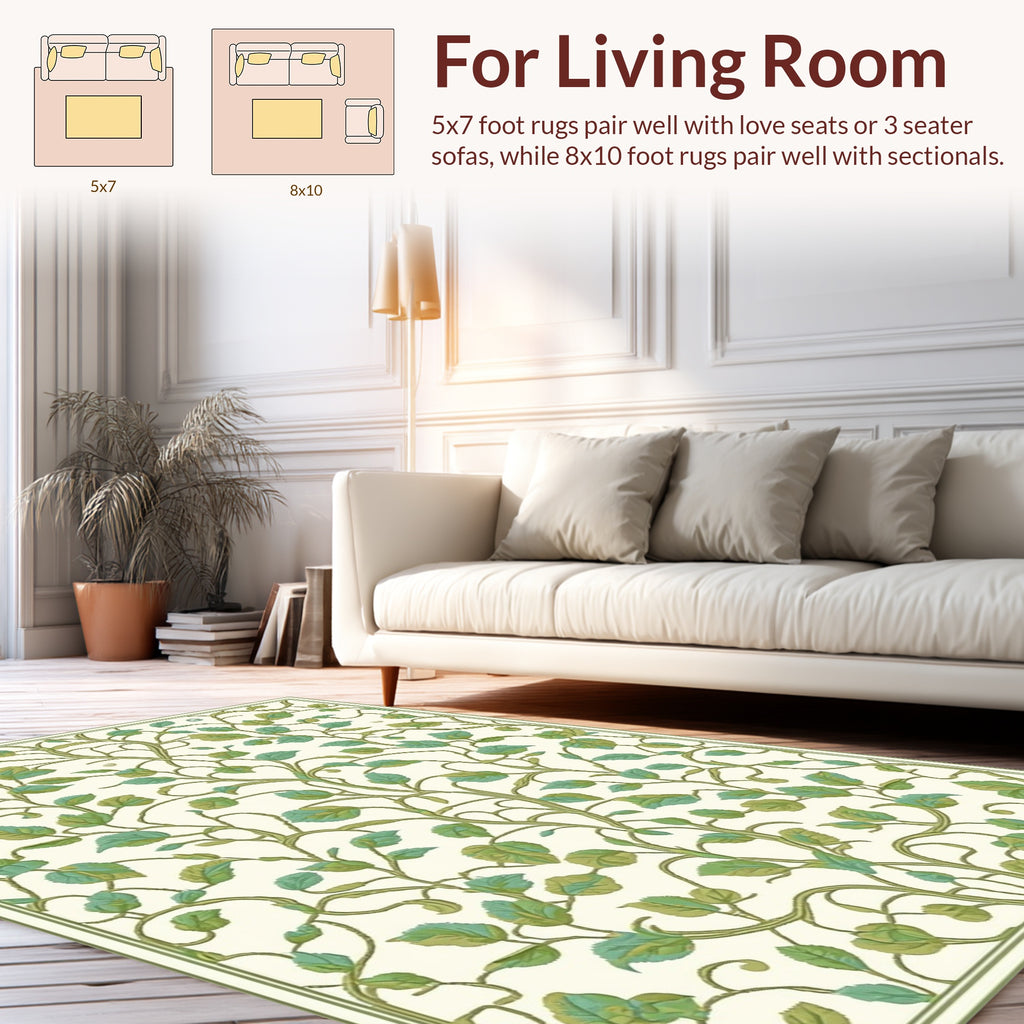 Lush Green Leafy Vine Pattern Rug