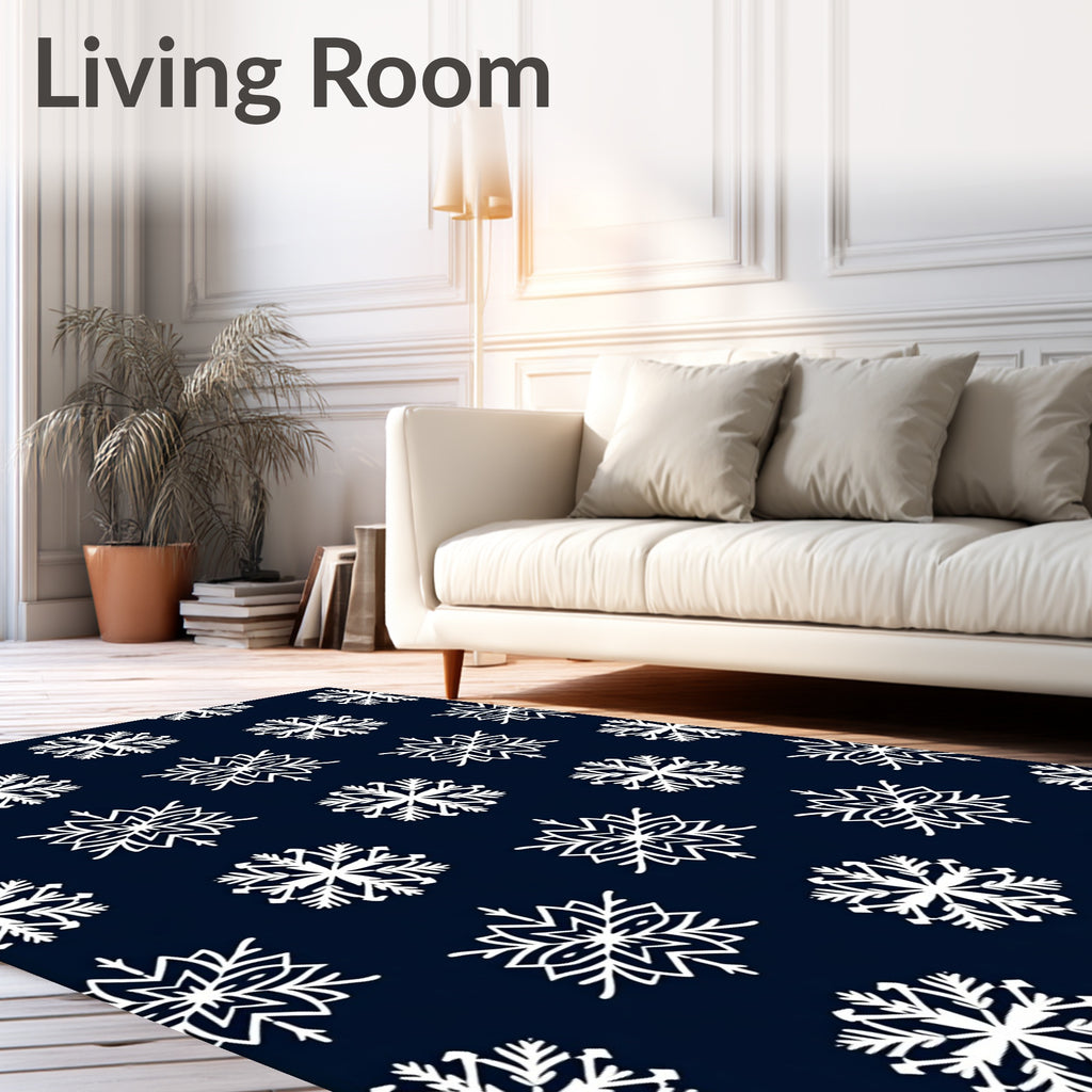 White Snowflake Navy Blue Repeat Rug