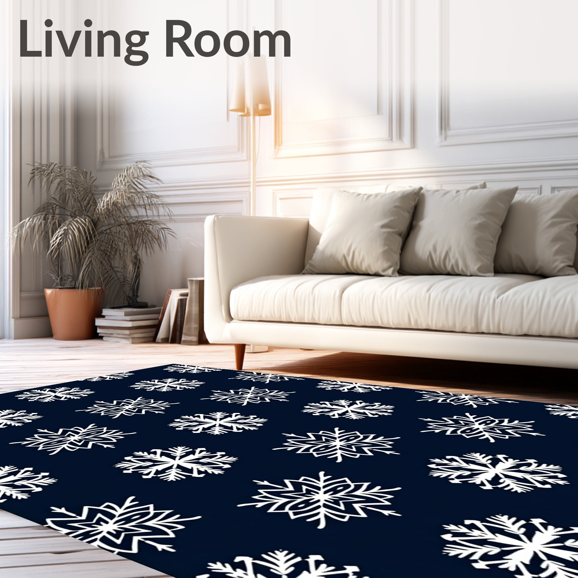 White Snowflake Navy Blue Repeat Rug