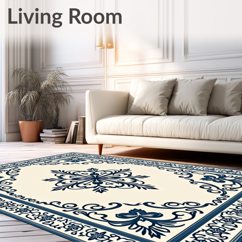 Navy Blue Vintage Floral Medallion Rug