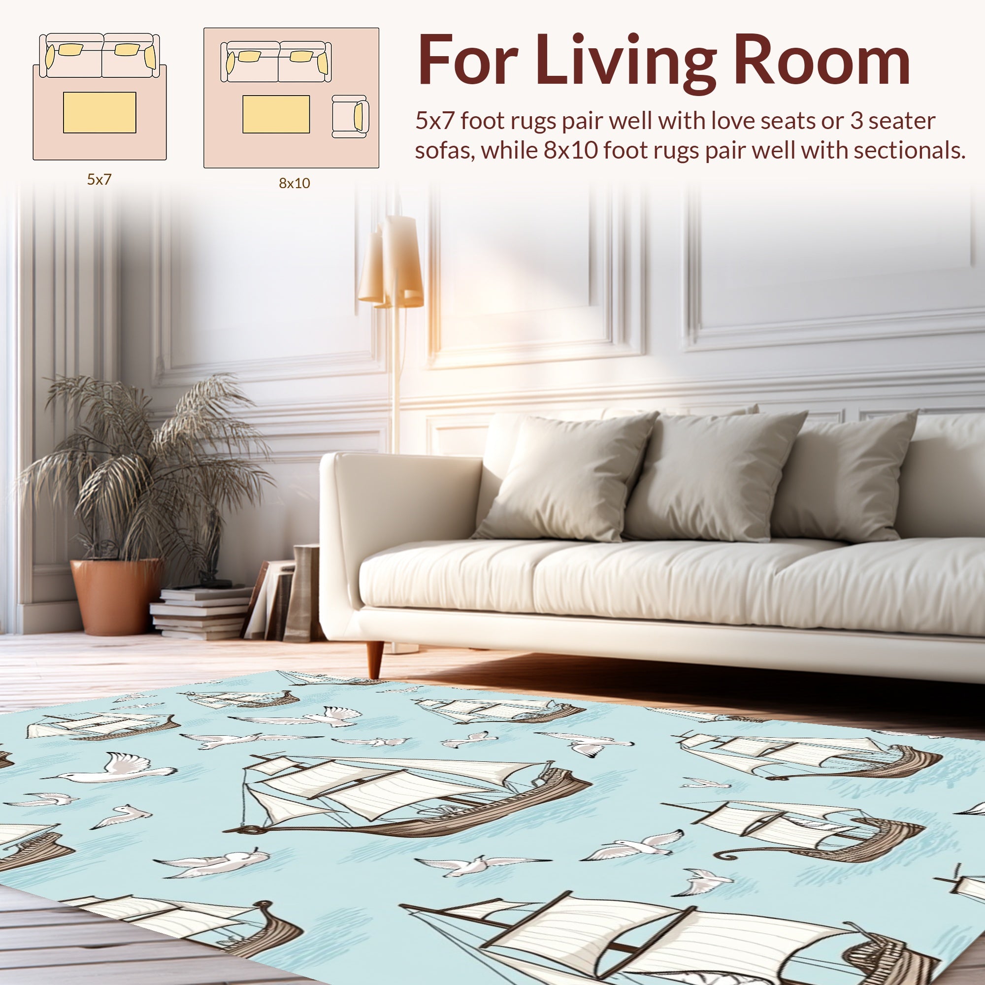 Vintage Sailboats And Seagulls Pattern Rug