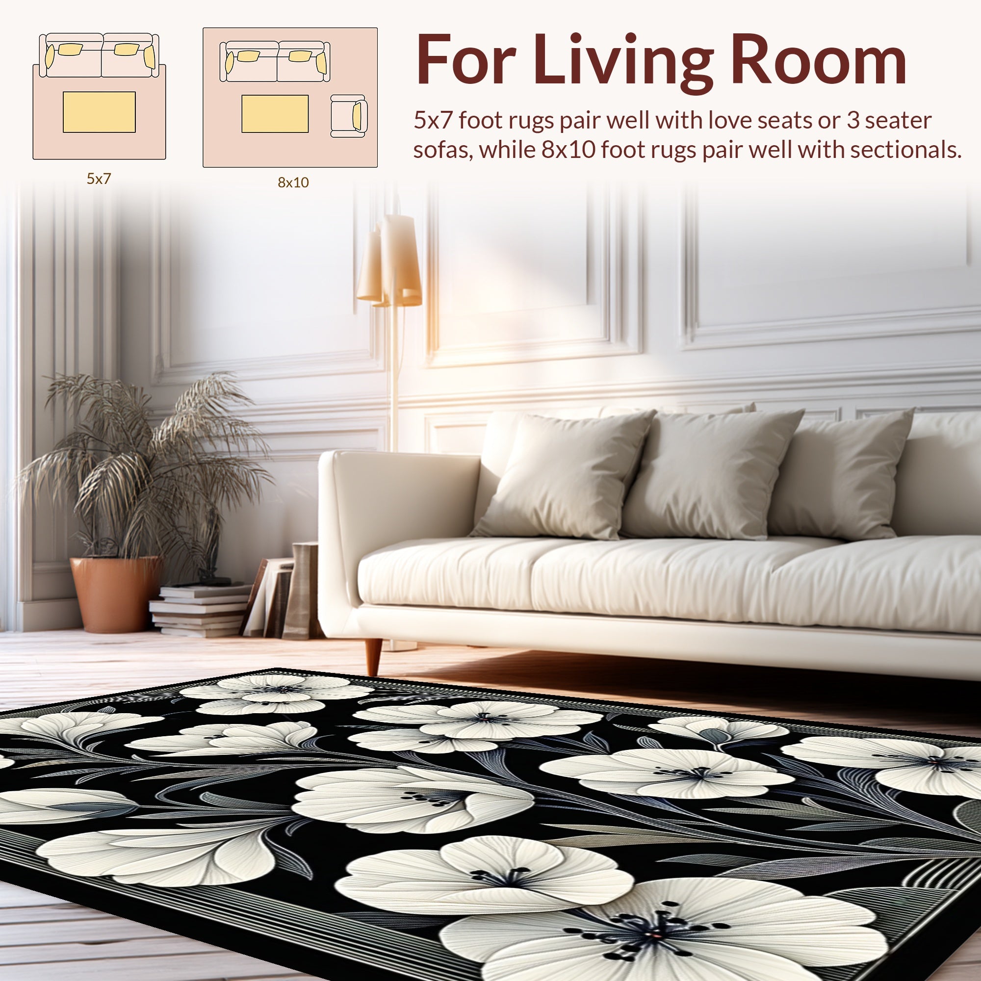 Monochromatic Floral Outline Design Rug