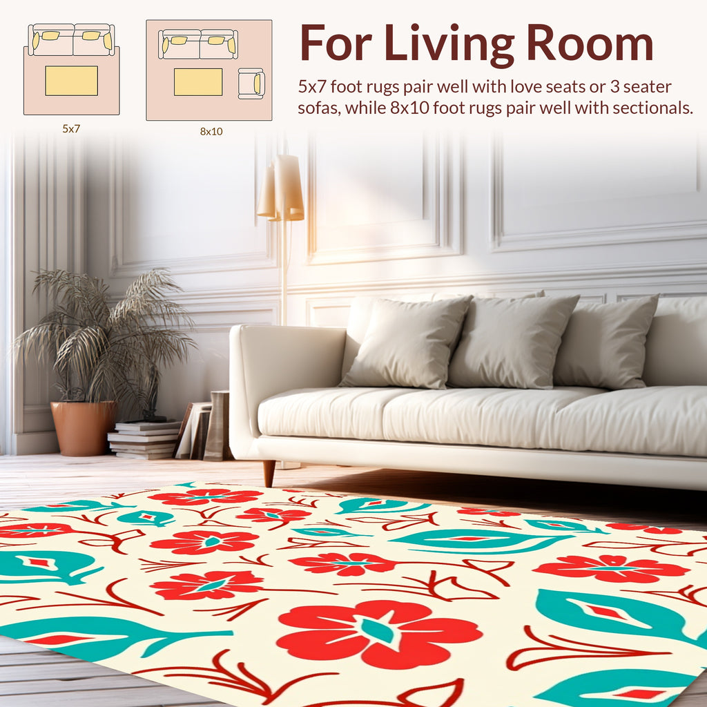 Bold Red Teal Floral Motif Rug