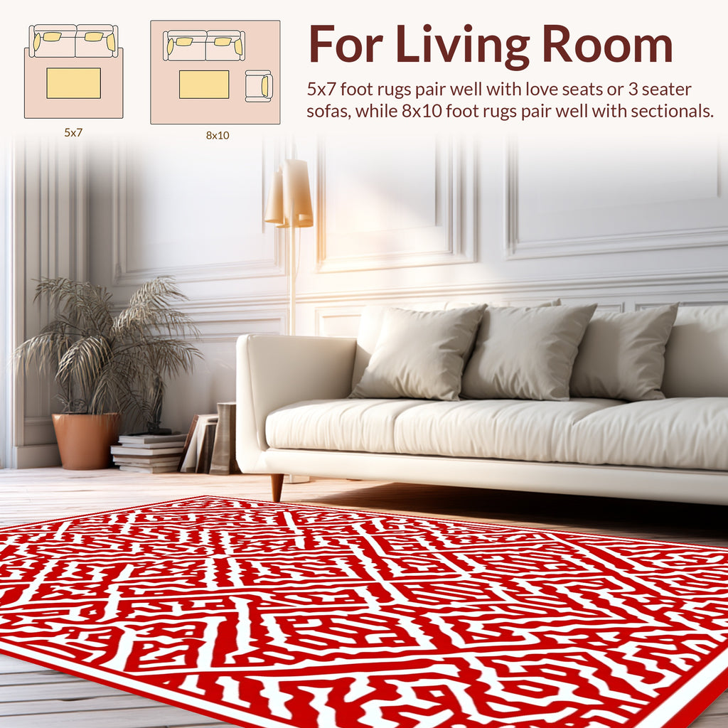 Bold Red White Geometric Maze Pattern Rug
