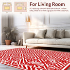 Bold Red White Geometric Maze Pattern Rug