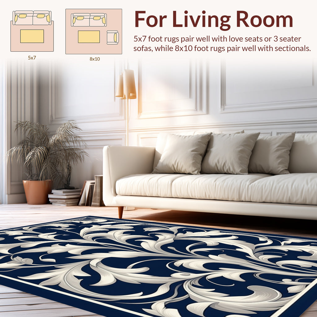 White Swirl Flora On Deep Blue Rug