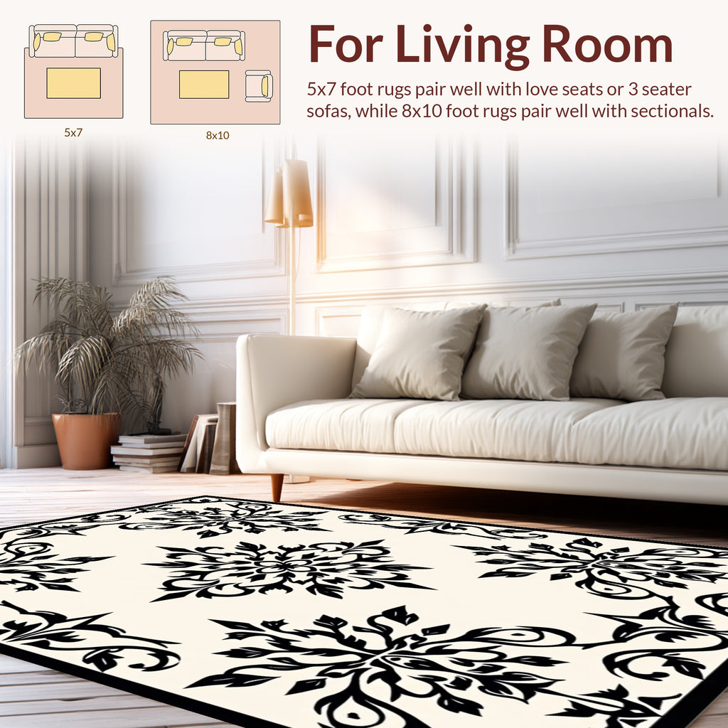 Classic Black Floral Damask Pattern Rug