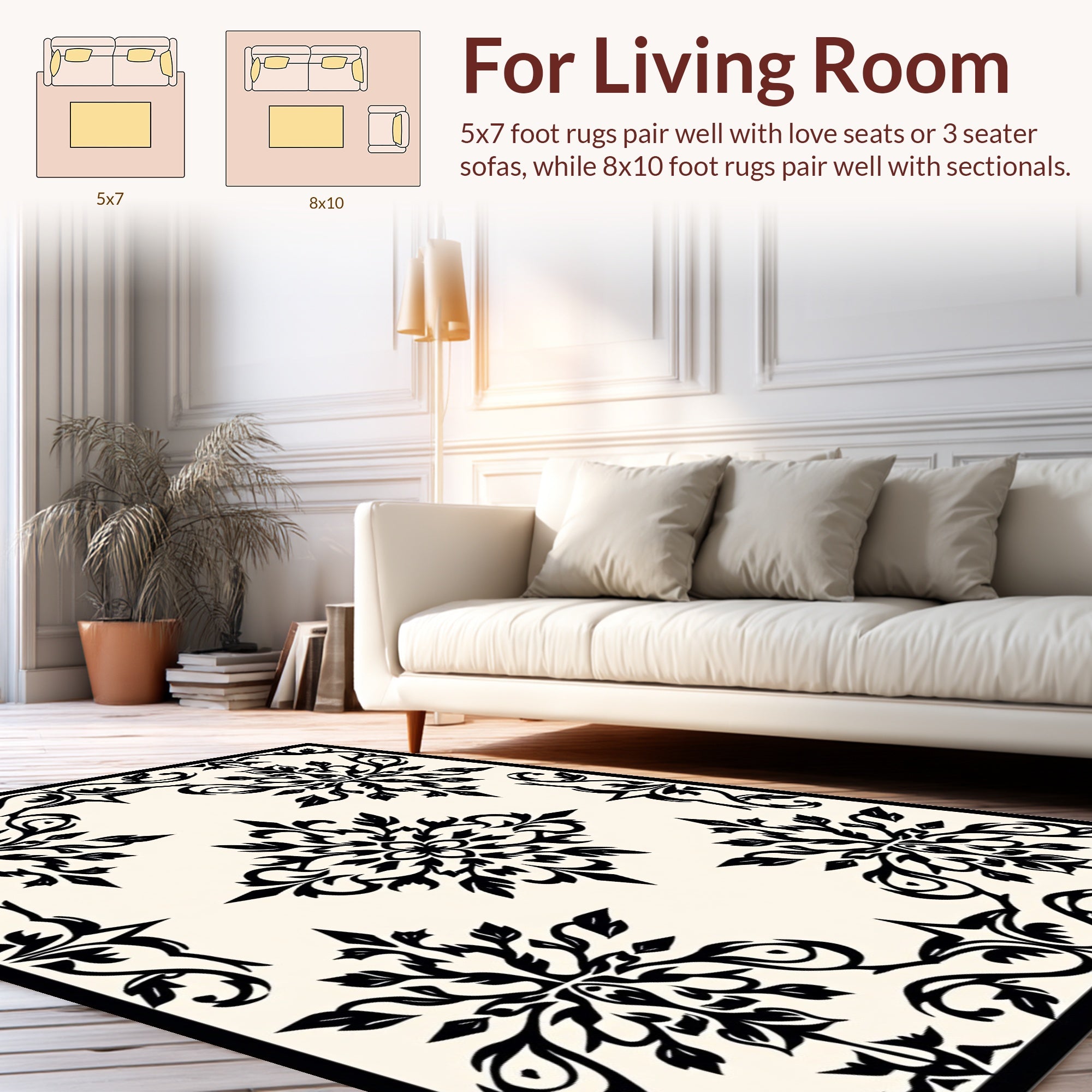 Classic Black Floral Damask Pattern Rug