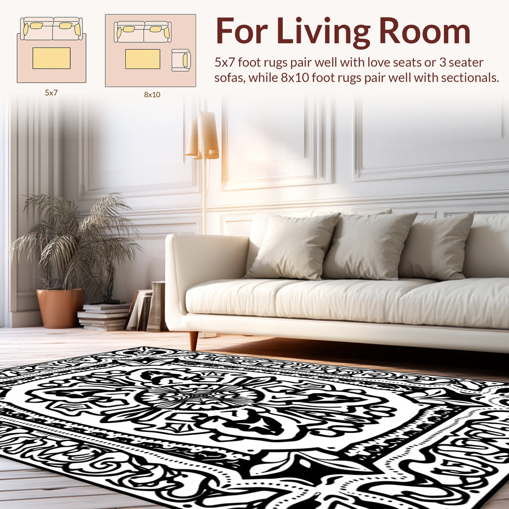 Classic Black White Intricate Mandala Design Rug