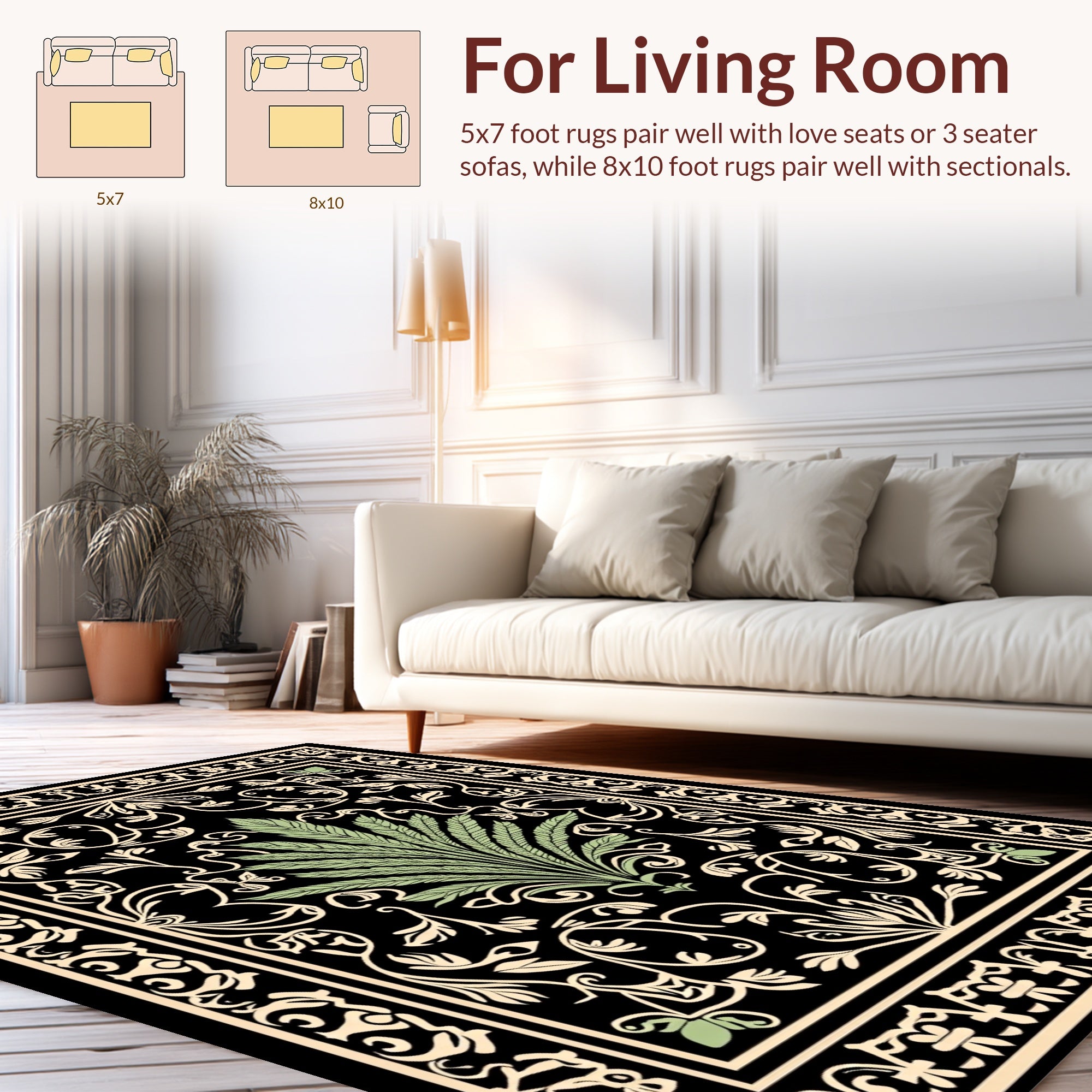 Art Nouveau Floral Scrollwork Black Rug