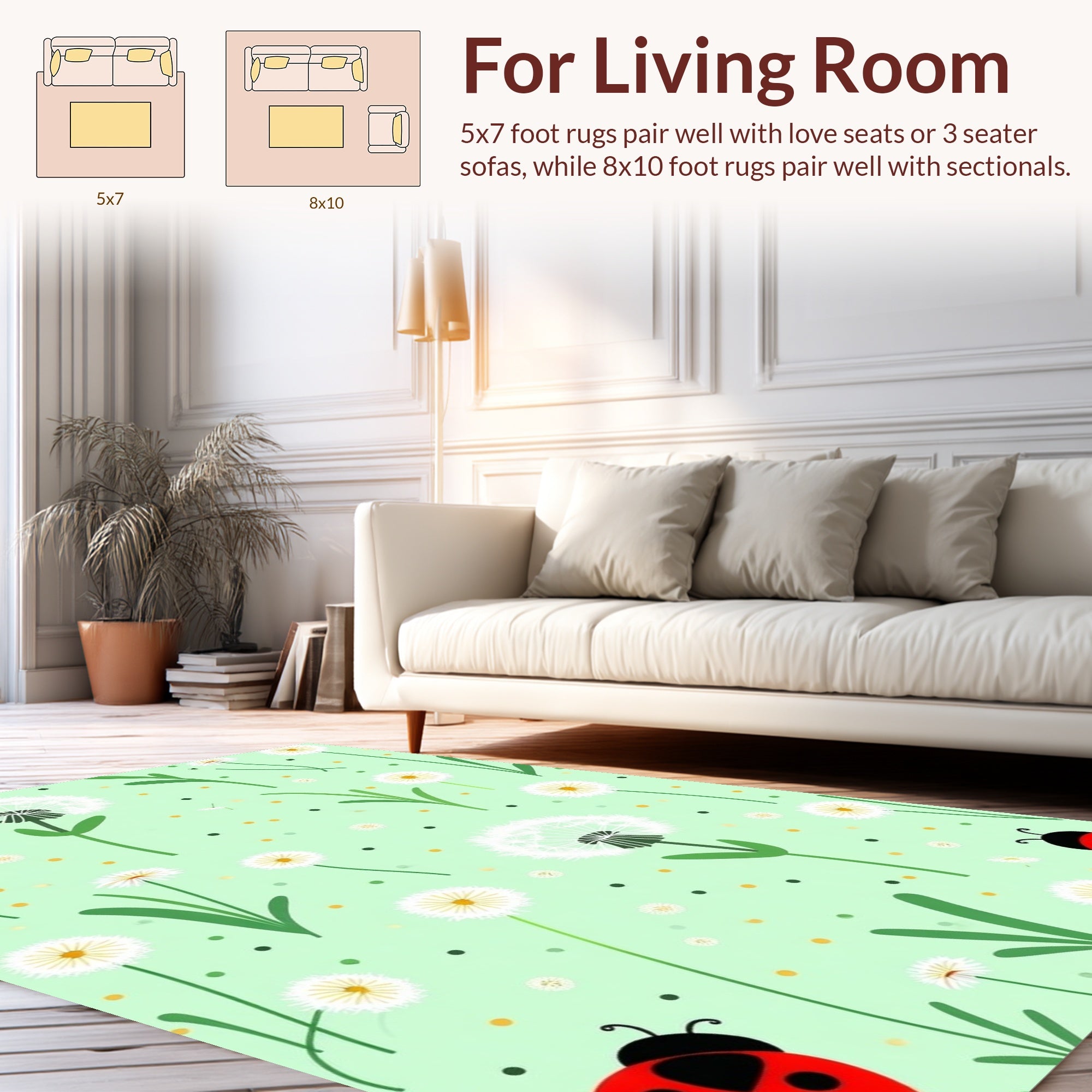 Whimsical Black Ladybugs Dandelion Pattern Rug