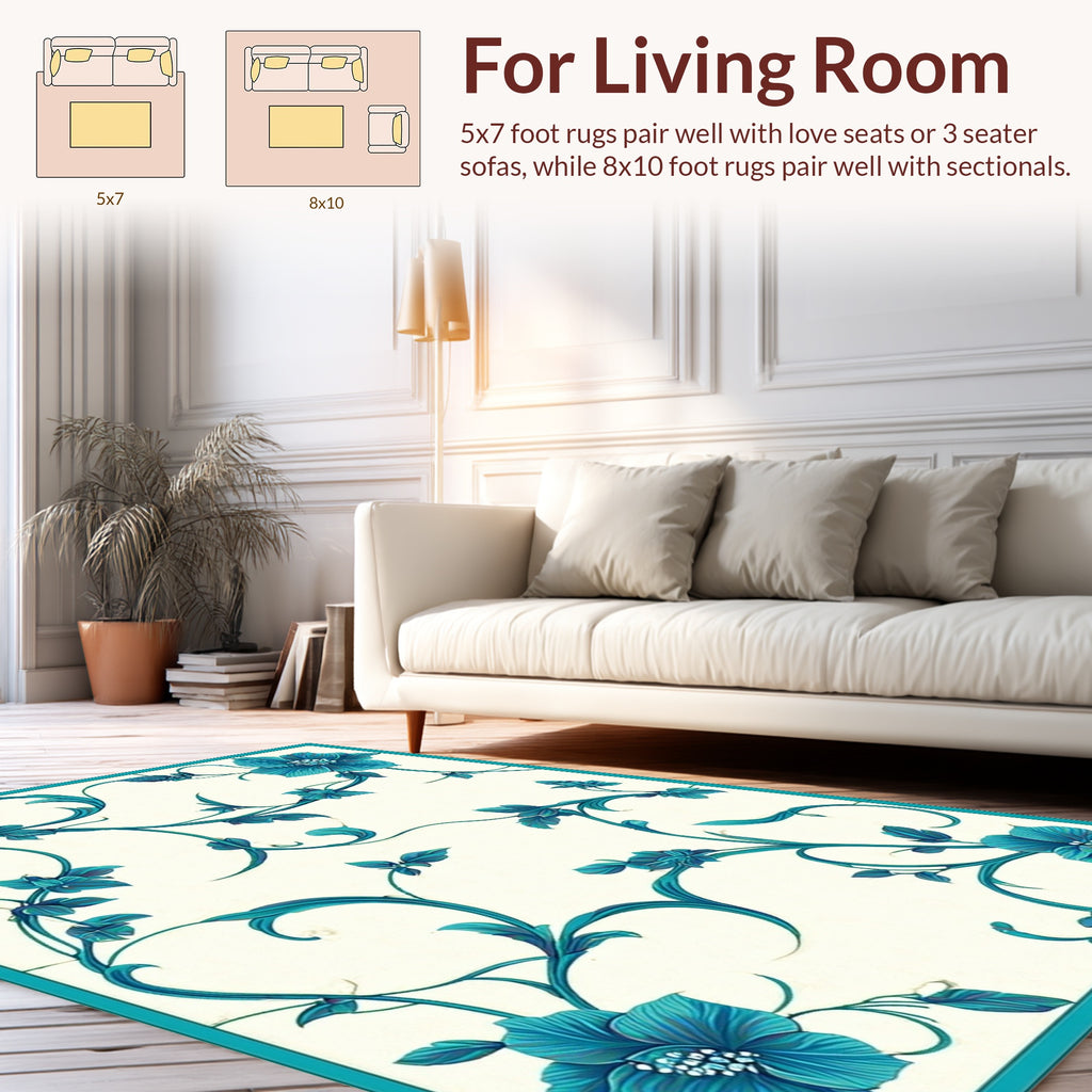 Teal Floral Vines Pattern Rug