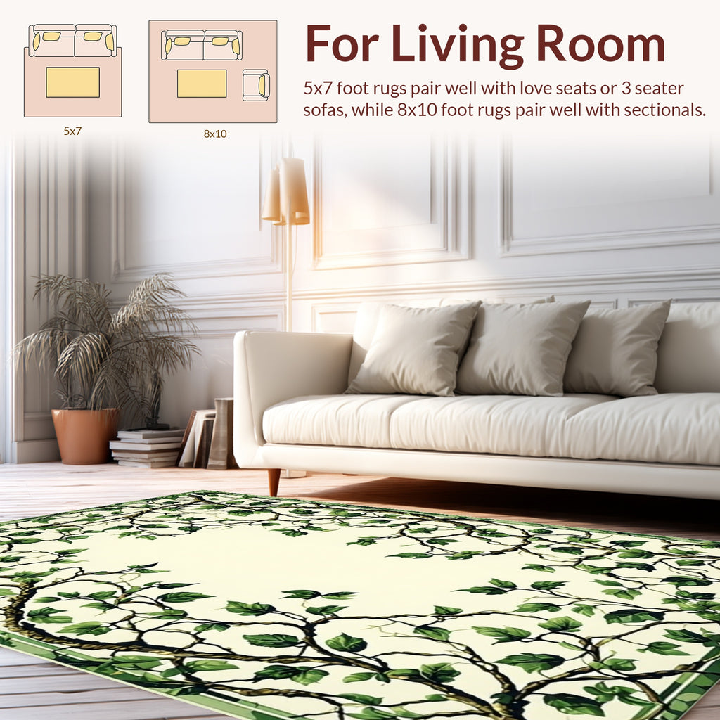 Vining Green Leaf Botanical Pattern Rug