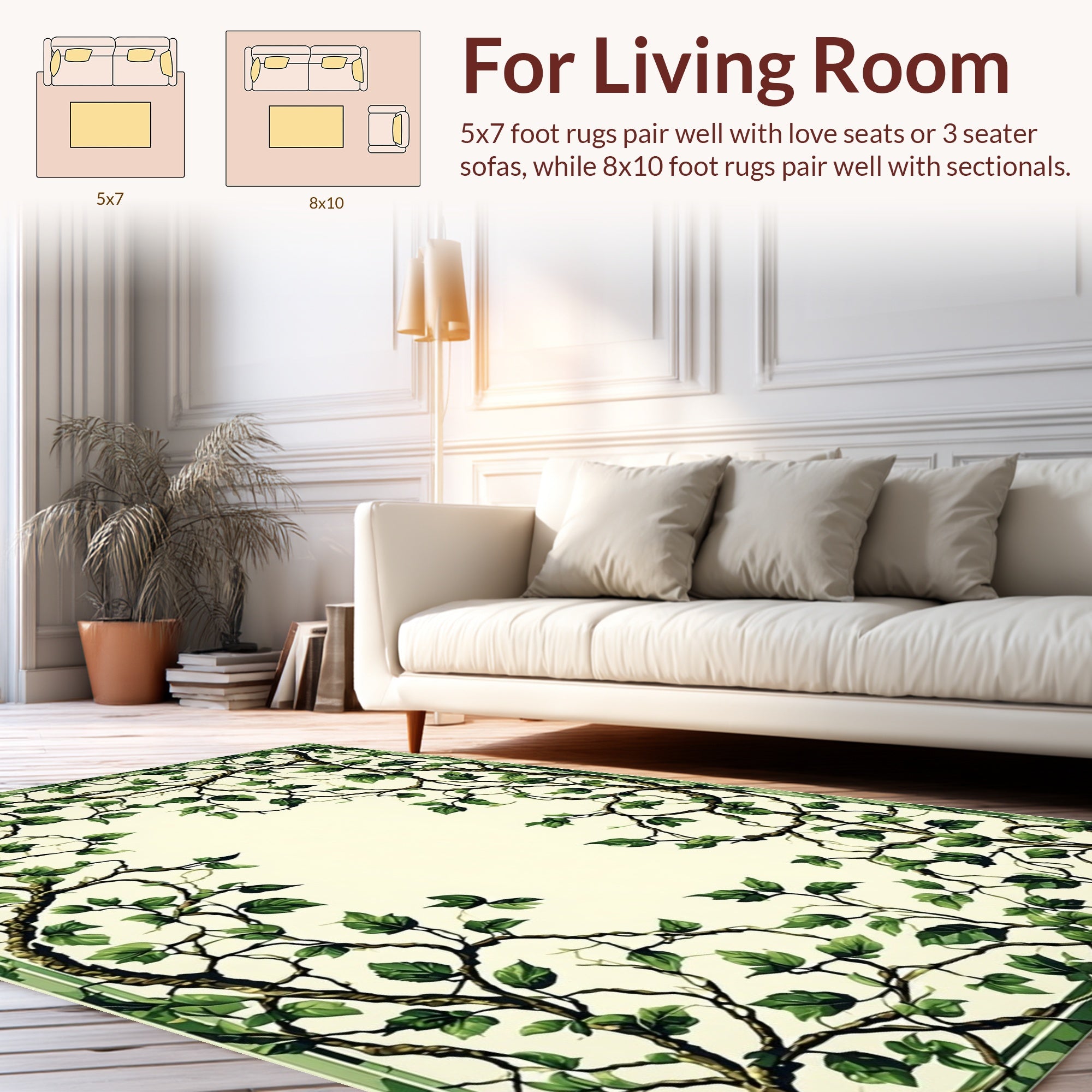 Vining Green Leaf Botanical Pattern Rug