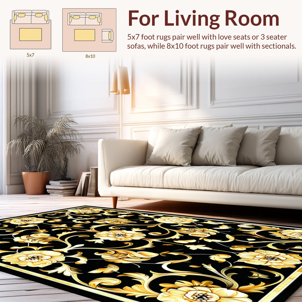 Ornate Gold Black Floral Scroll Rug