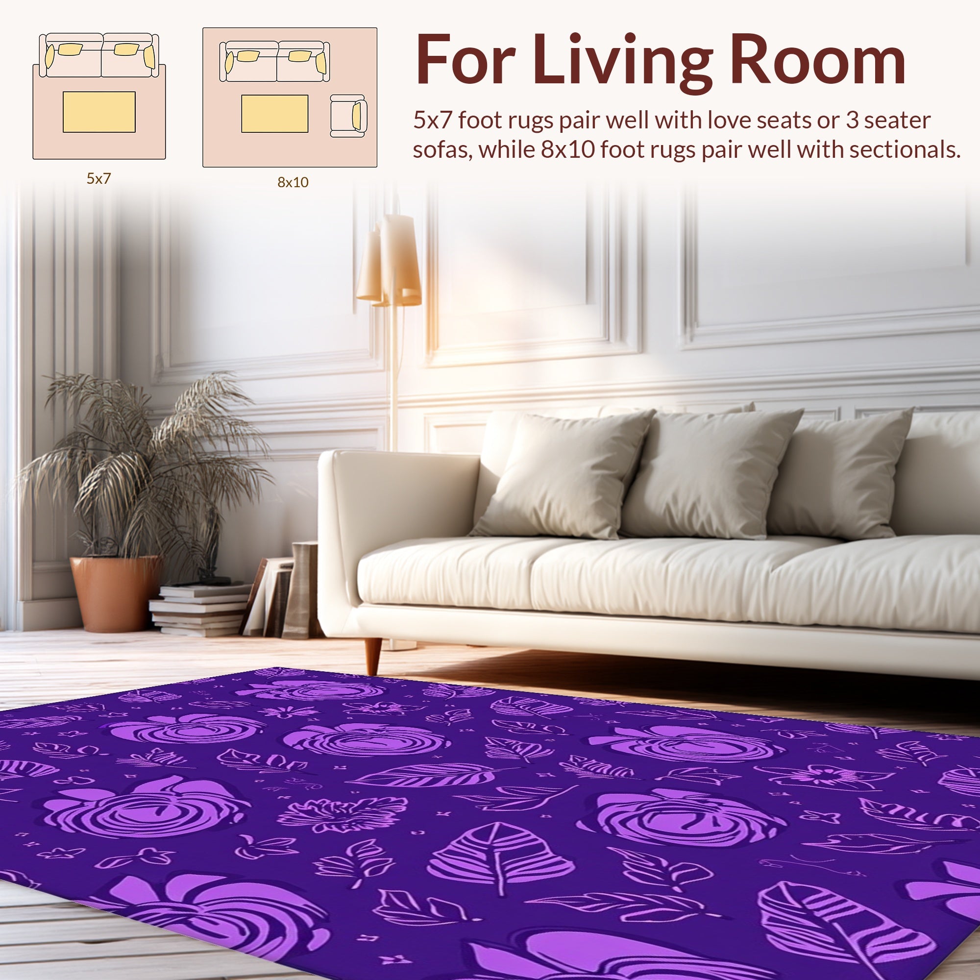 Purple Floral Leaf Pattern Design Rug