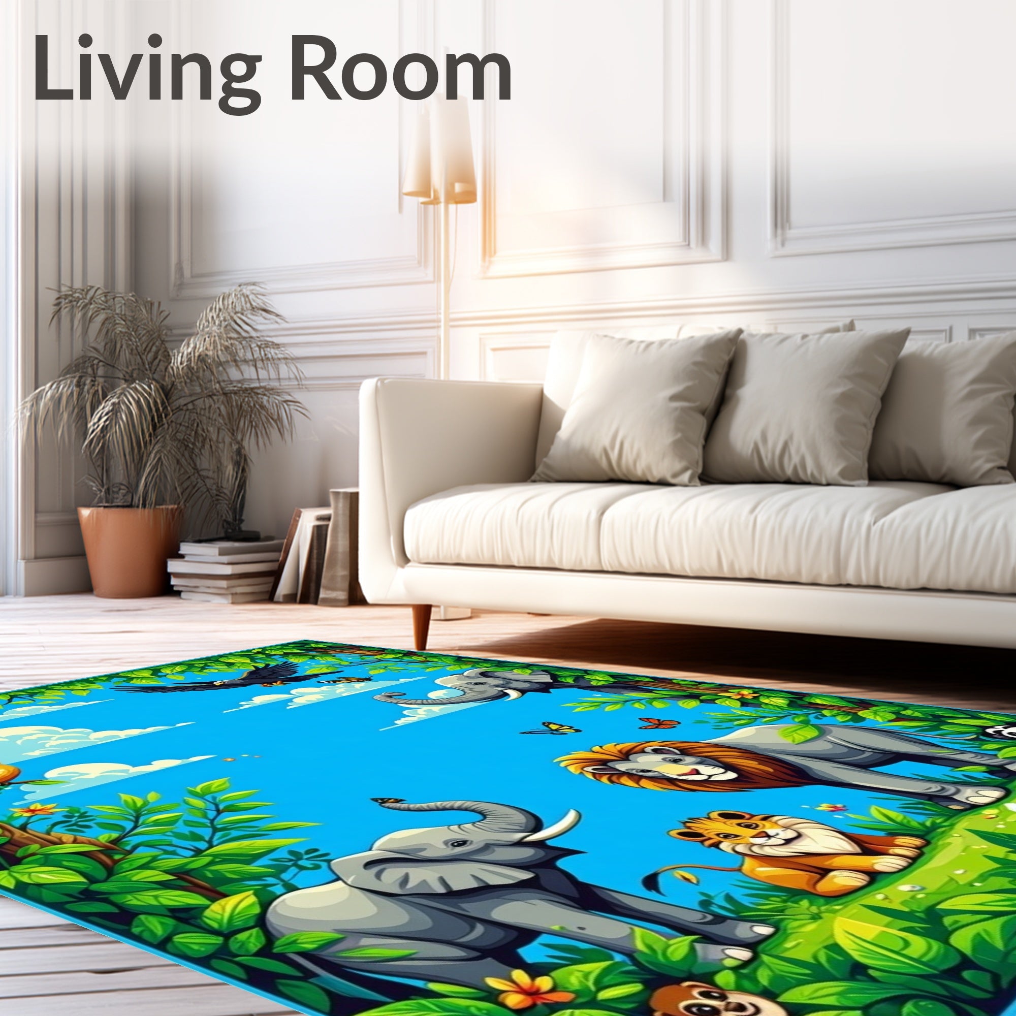 Jungle Animals and Lush Greenery Scene Rug