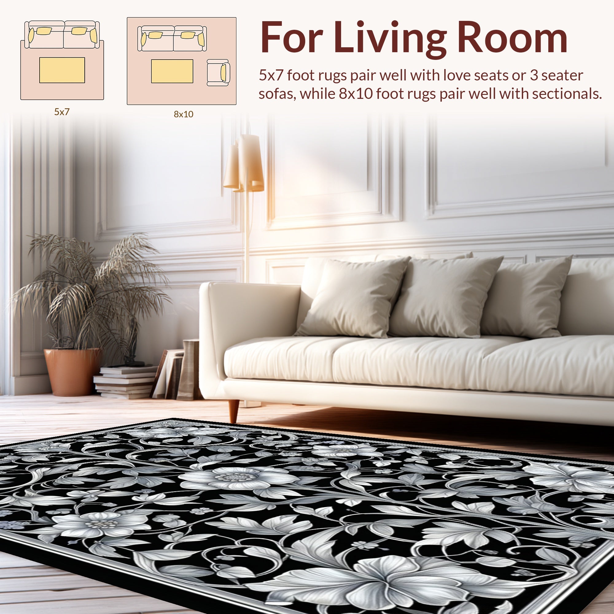 Elegant Black Floral Vine Design Rug