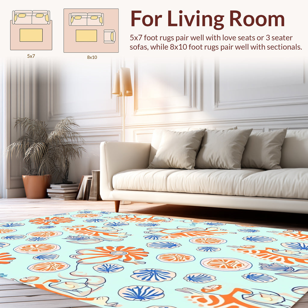 Whimsical Orange Blue Floral Pattern Rug