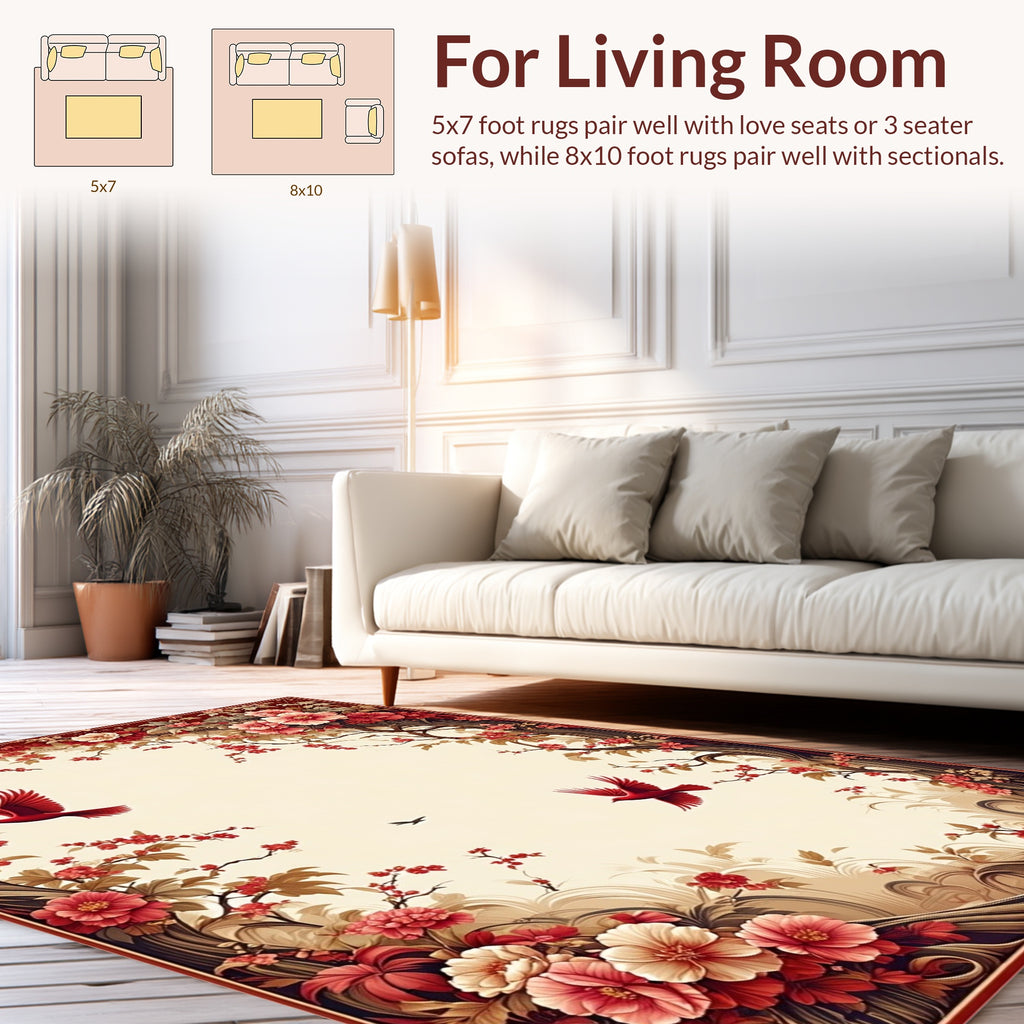 Red Birds Cherry Blossoms Design Rug