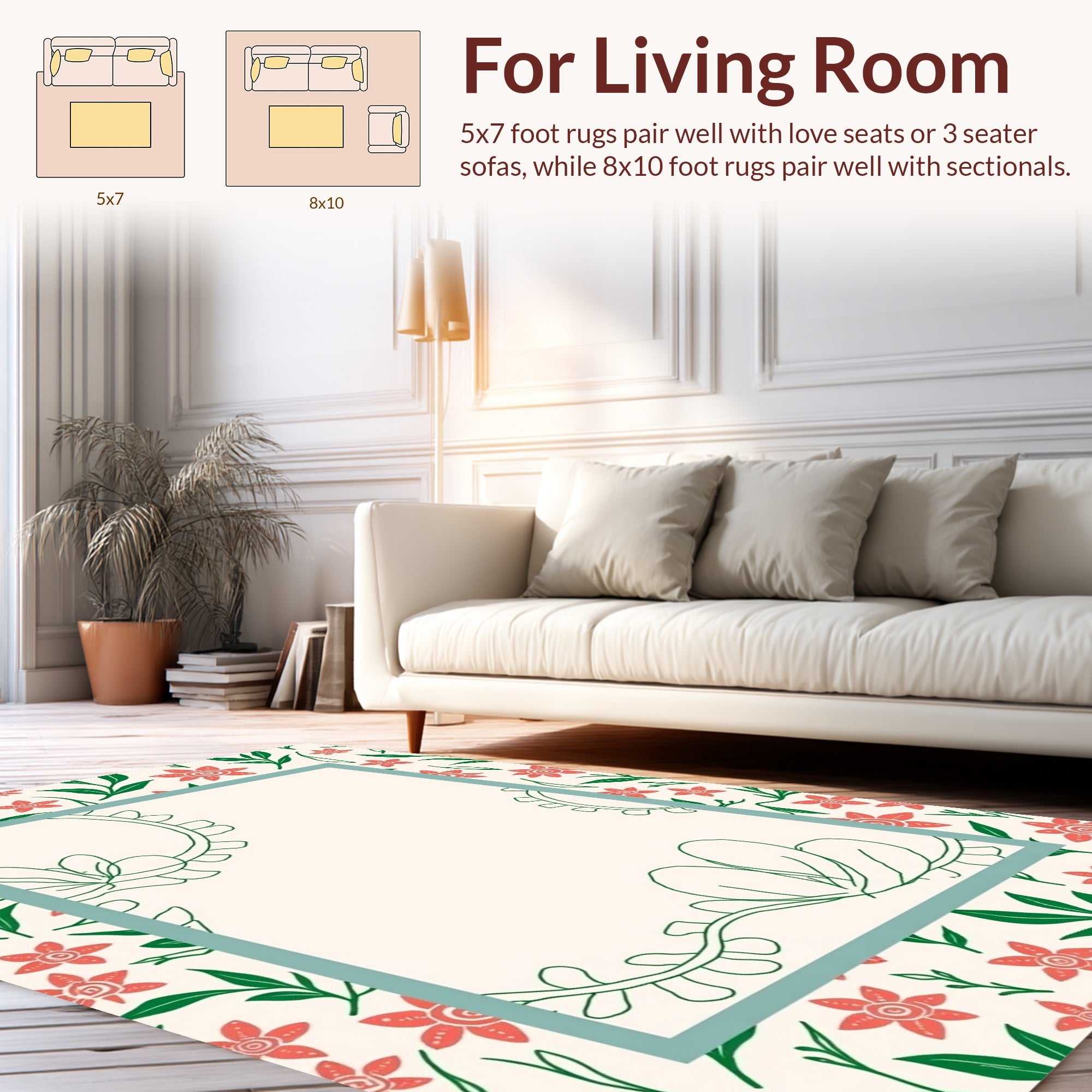 Coral Floral Vine Border Rug