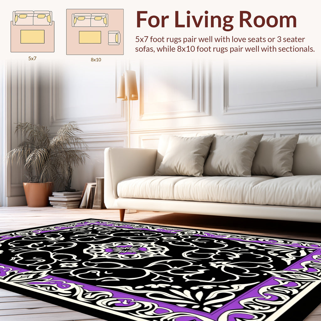 Ornate Black With Purple Floral Pattern Rug