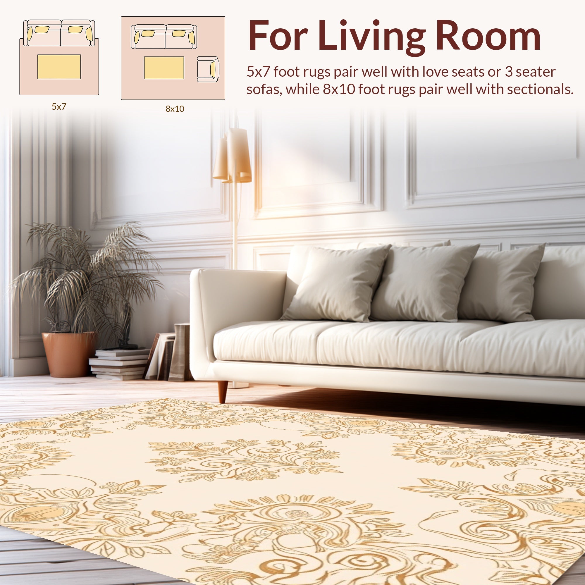 Cream Golden Floral Scrollwork Design Rug