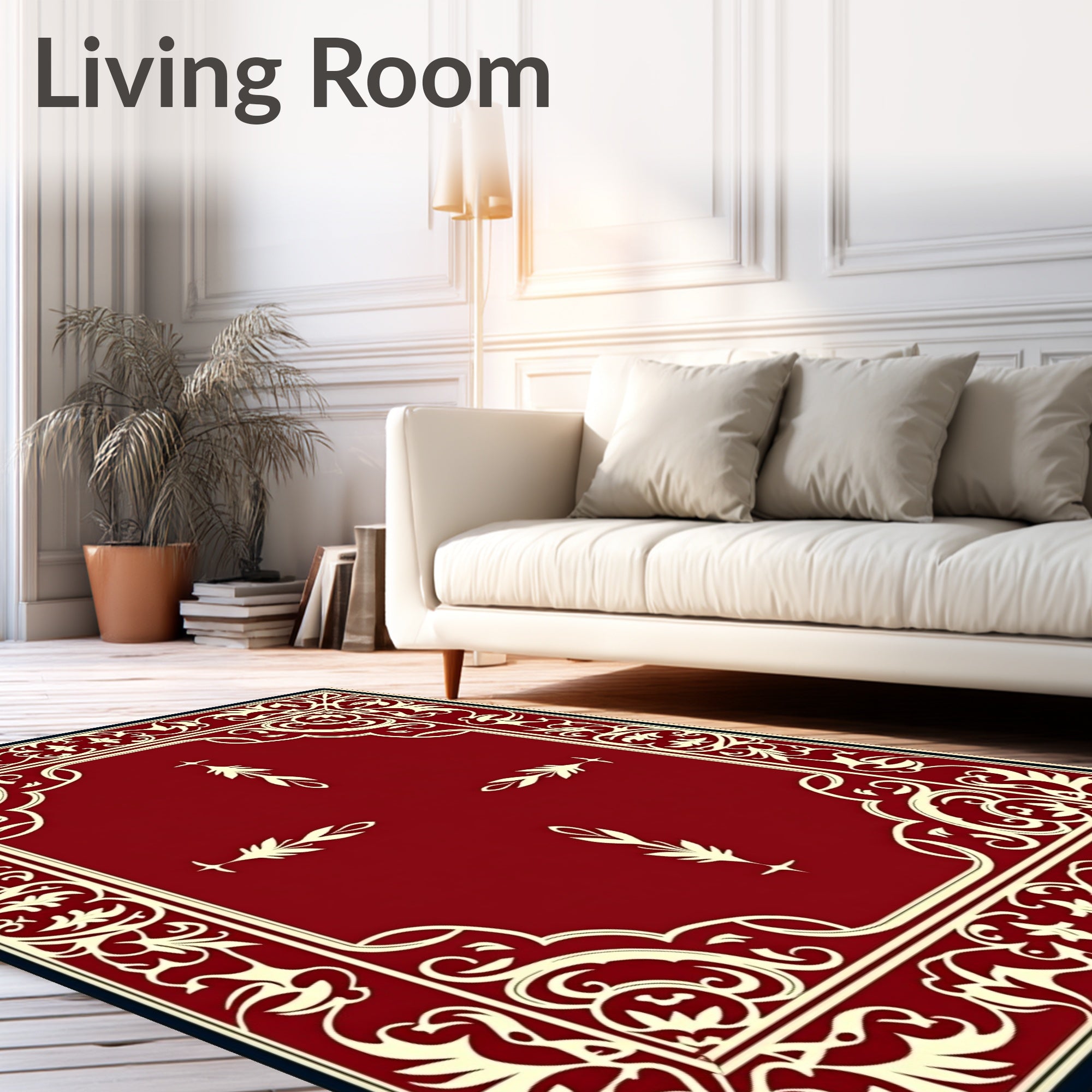 Crimson Ivory Ornate Scroll Border Rug