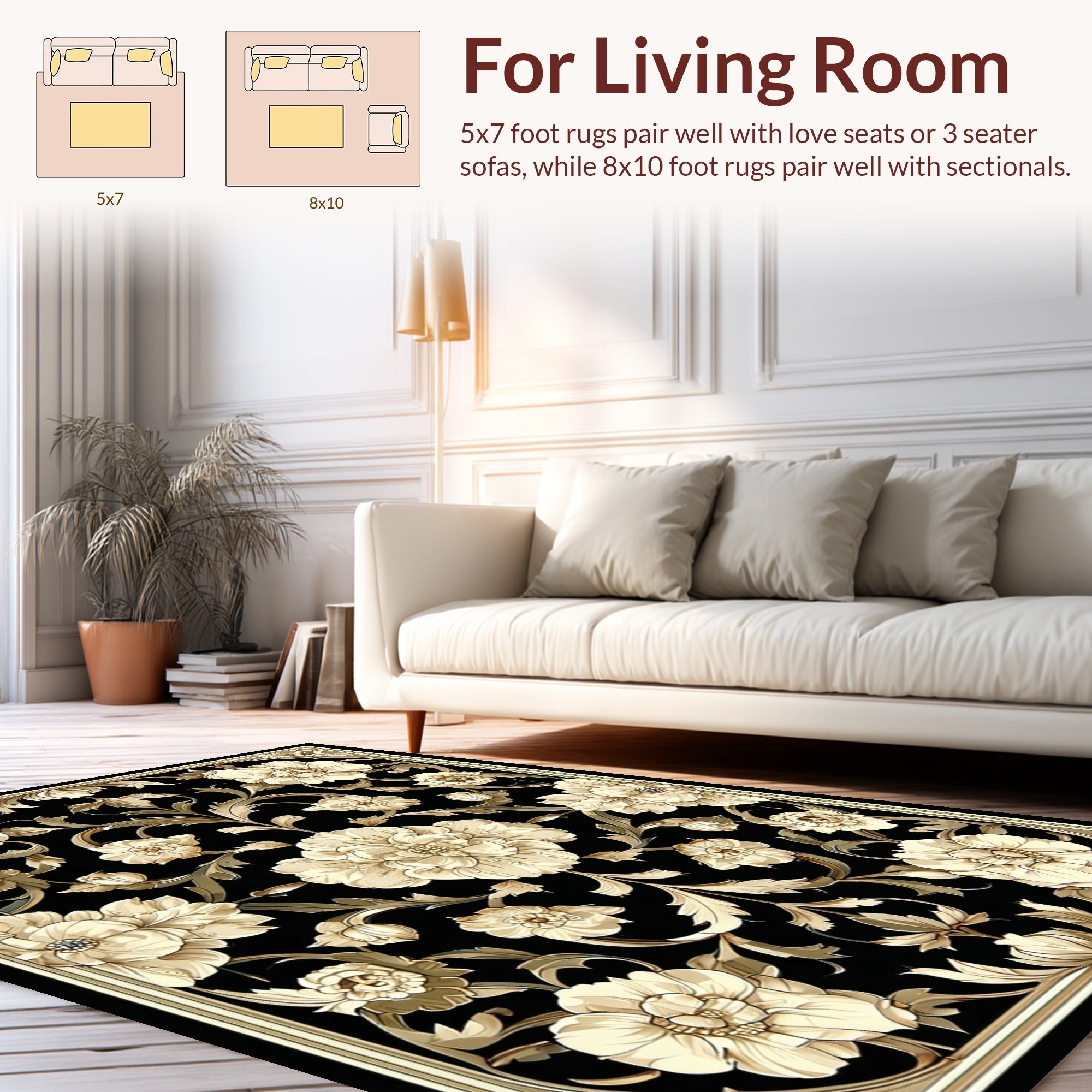 Elegant Floral Scrollwork Black Cream Rug