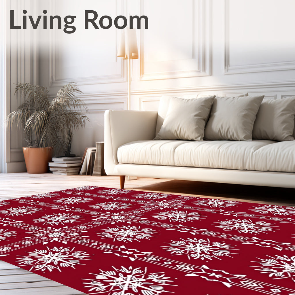 Crimson Snowflake Geometric Border Rug