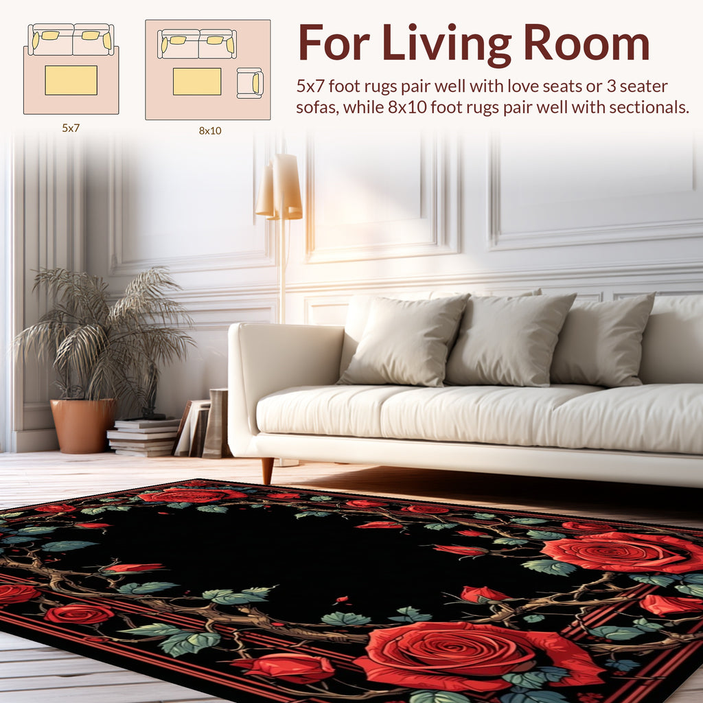 Vintage Red Roses With Thorns Pattern Rug