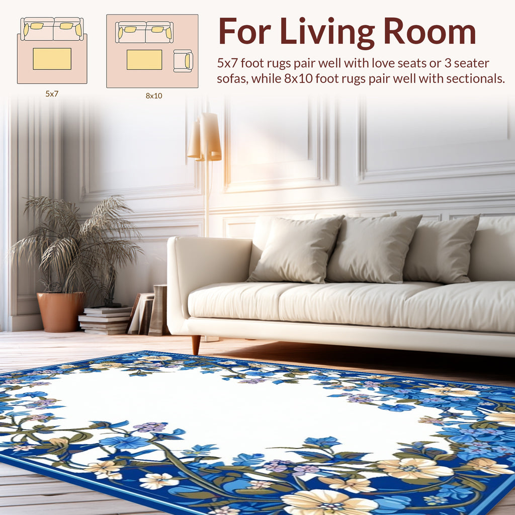 Rich Blue Floral Vine Pattern Rug