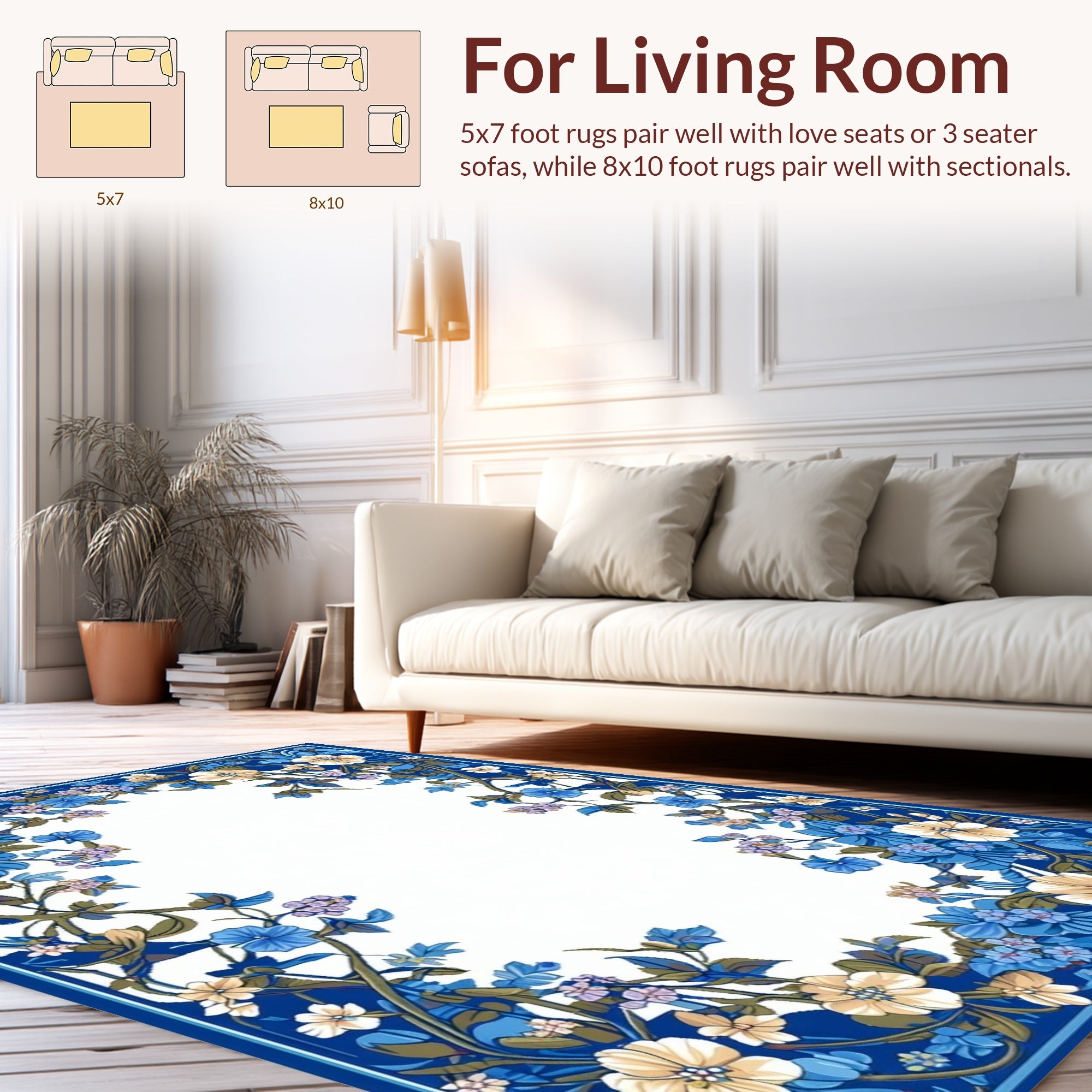 Rich Blue Floral Vine Pattern Rug