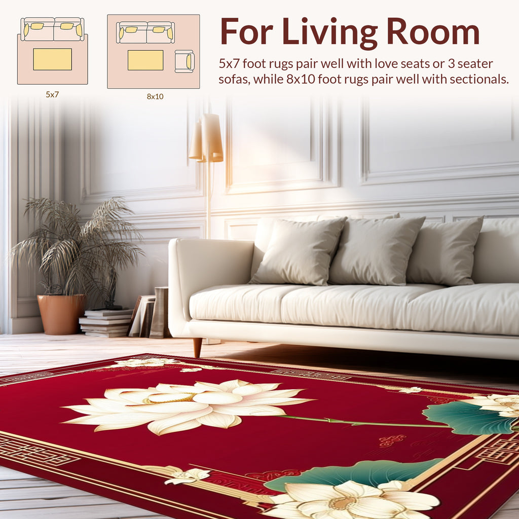 Elegant White Lotus Red Border Design Rug