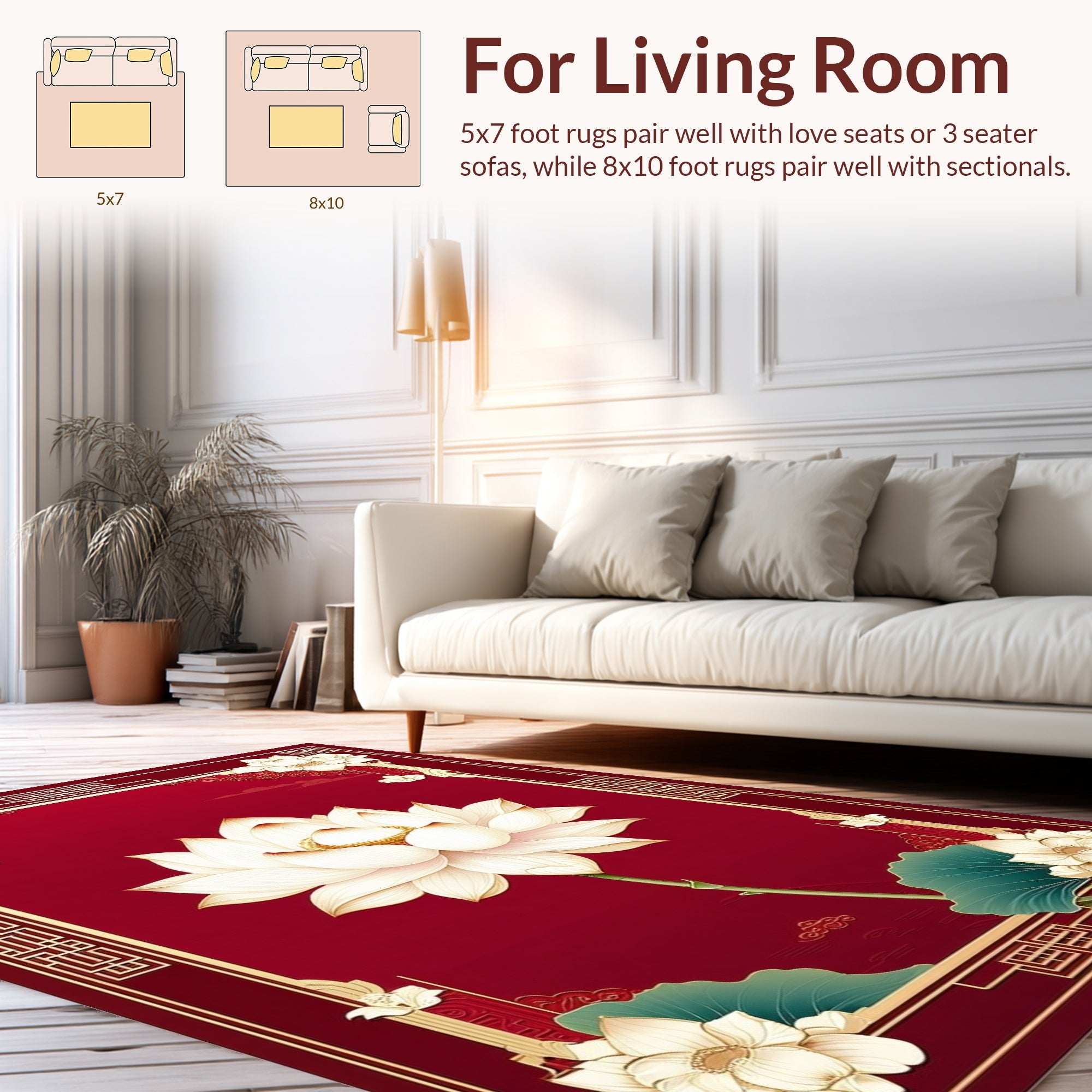Elegant White Lotus Red Border Design Rug