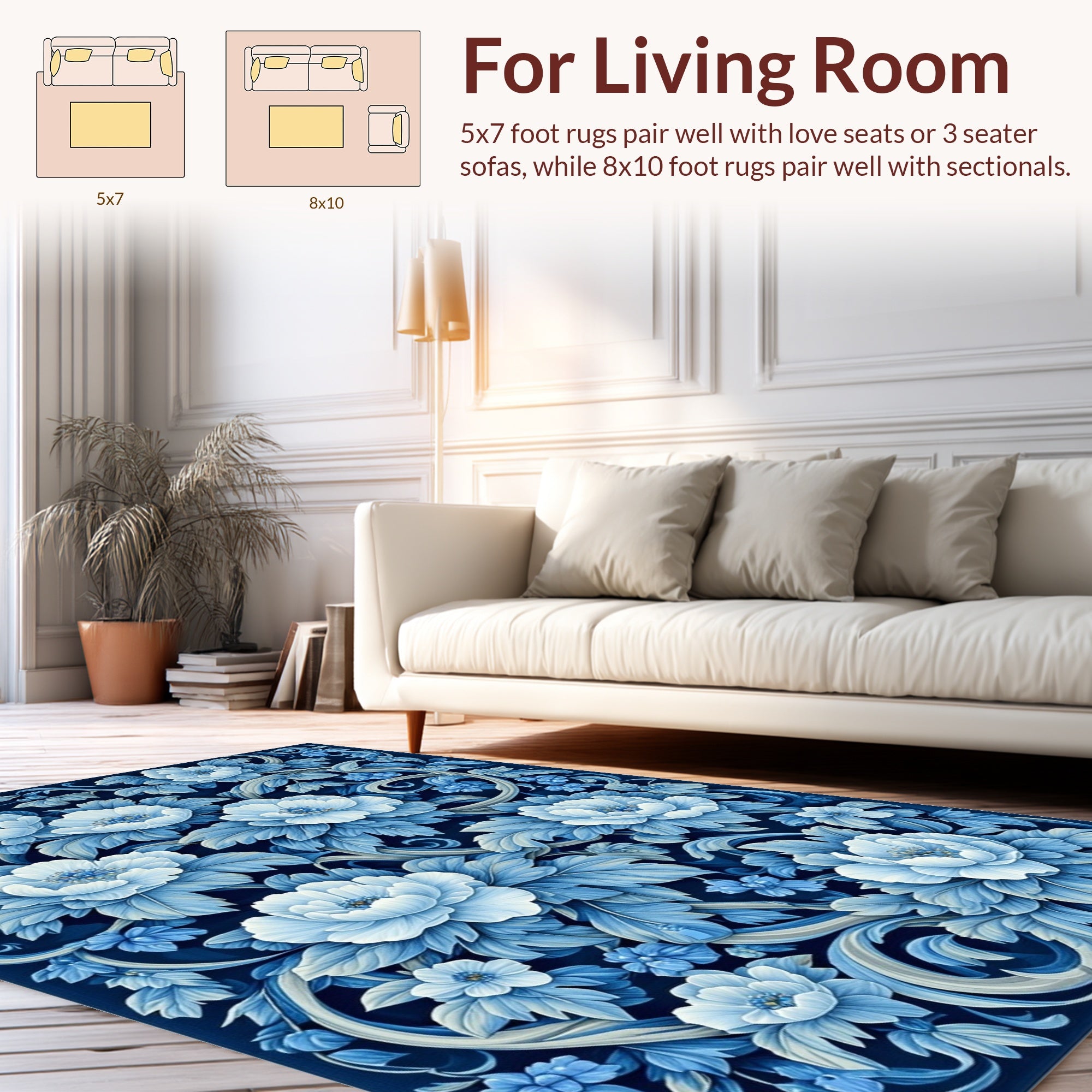 Rich Blue Floral Scrollwork Pattern Rug