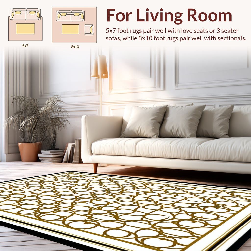 Ornate White Gold Geometric Pattern Rug